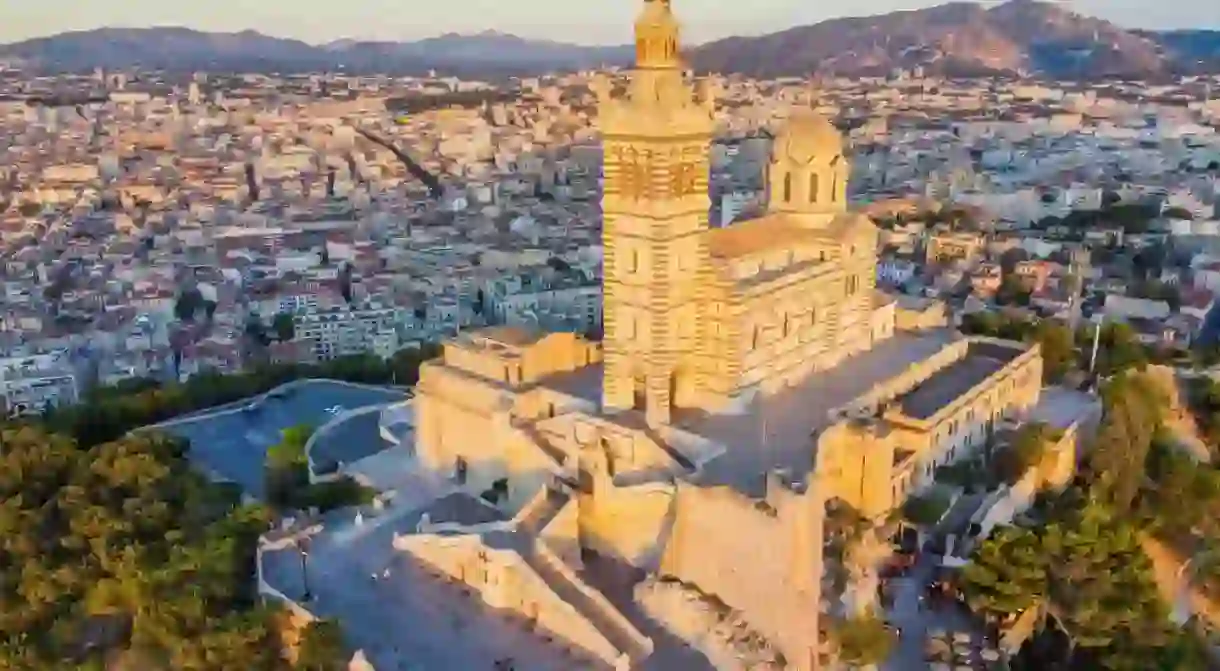 A birds eye view. Notre Dame de la Garde or Our Lady of the Guard aerial view