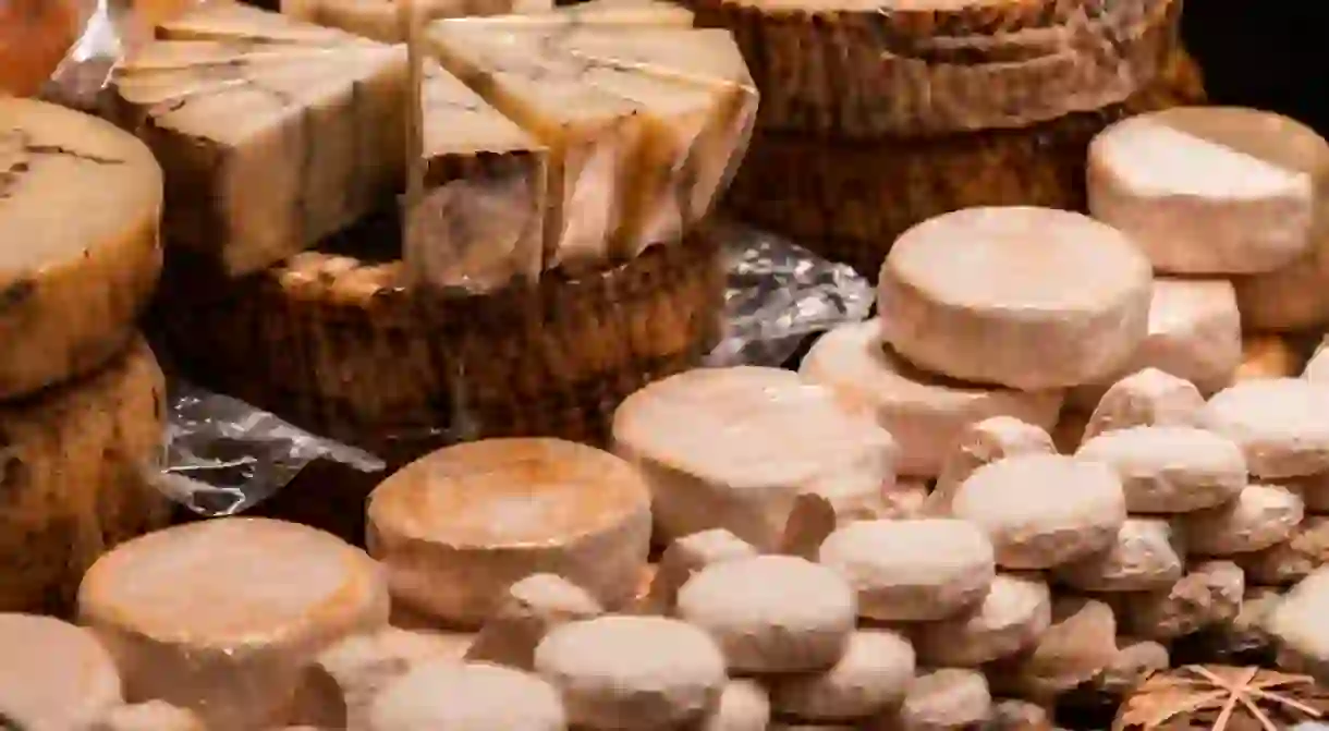 Traditional French cheese sold in Lyon, France