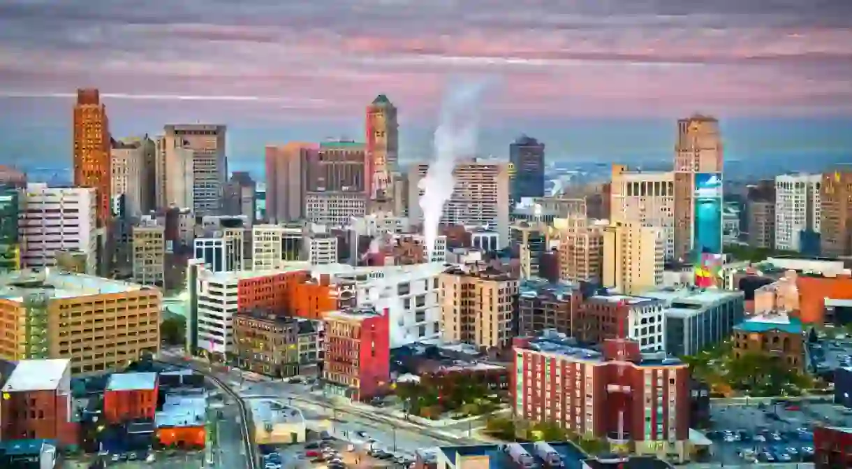 Detroit, Michigan, USA downtown skyline from above at dawn.