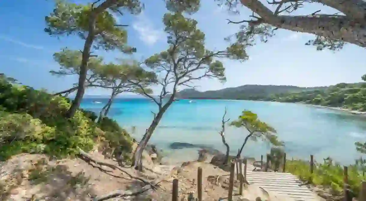 World famous beautiful Notre Dame beach (Plage Notre-Dame) on Porquerolles island (lîle de Porquerolles), France