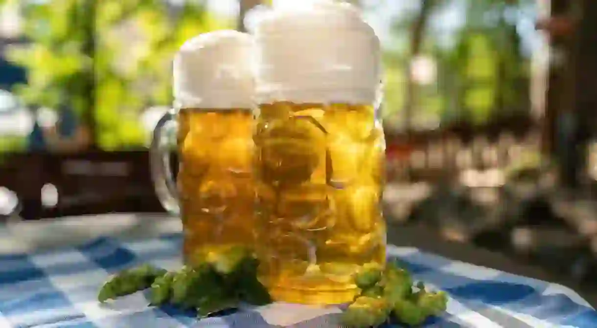 Beer mugs with fresh hops at Oktoberfest, Munich, Germany