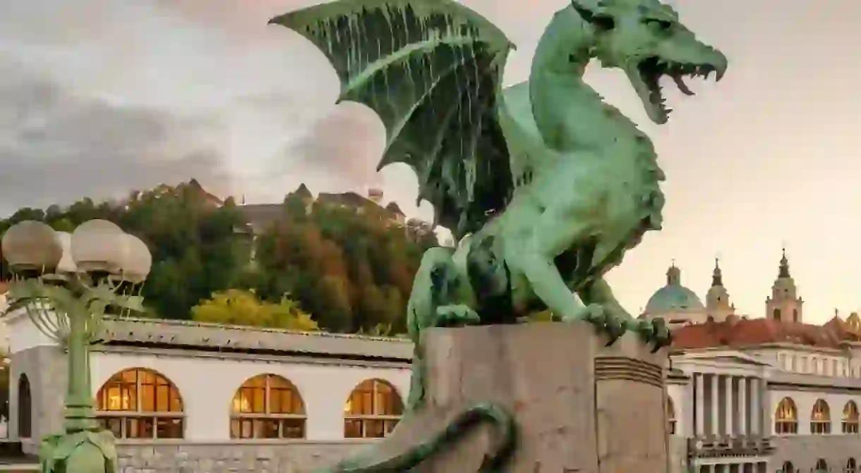 Ljubljana Dragon bridge (Zmajski most), symbol of Ljubljana, capital of Slovenia, Europe.