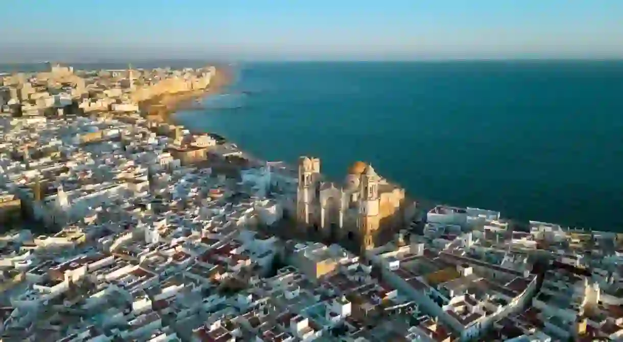 Aerial view of Cadiz city at sunset.