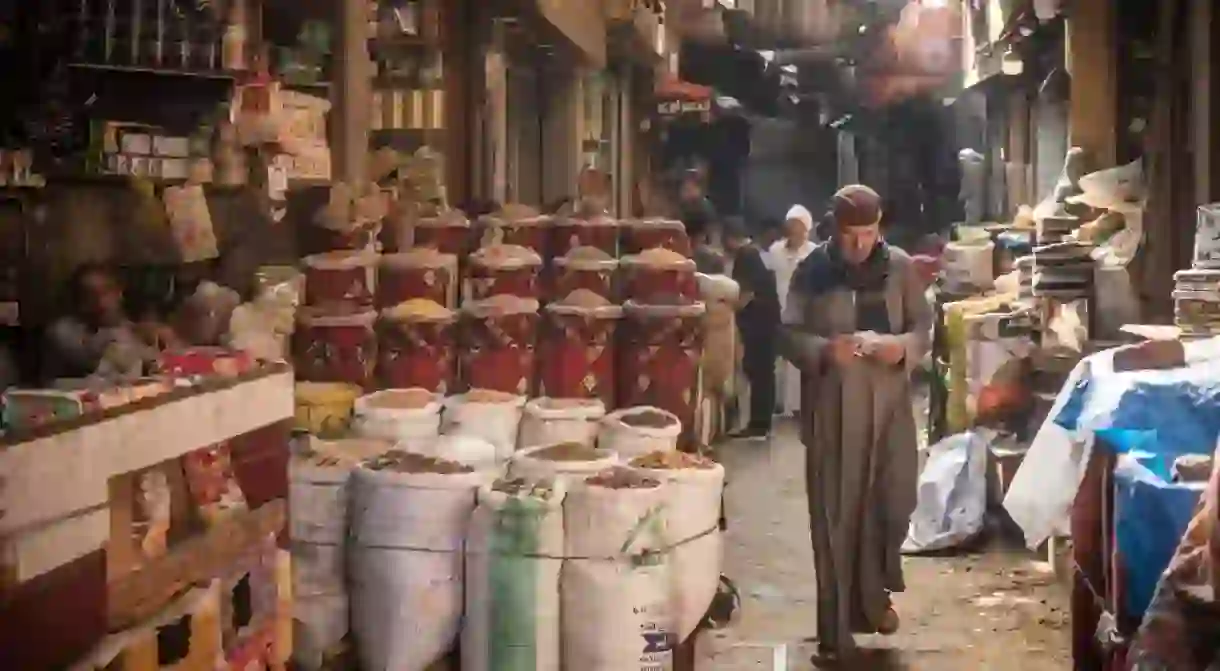 Locals and tourists near Khan El Khalili Bazaar, Al Hussein, Cairo, Egypt