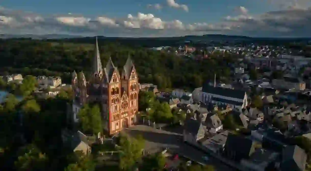 An aerial view of the Limburger Dom in Limburg an der Lahn, Germany