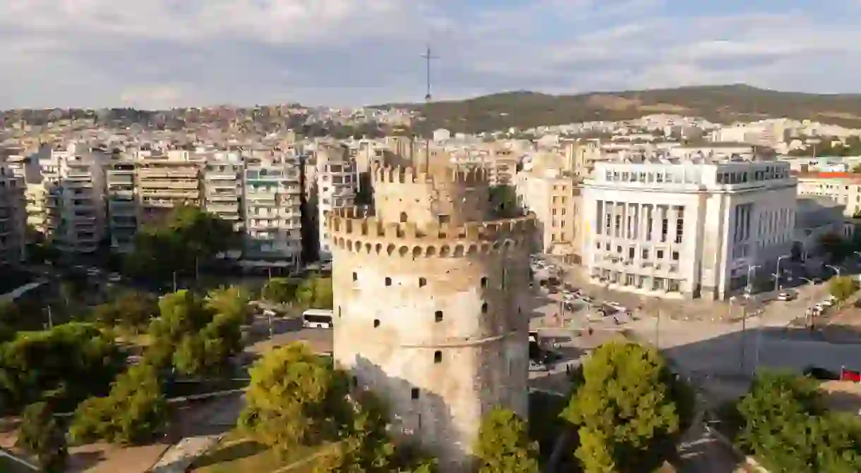 Aerial view of the White Tower in Thessaloniki, Greece.