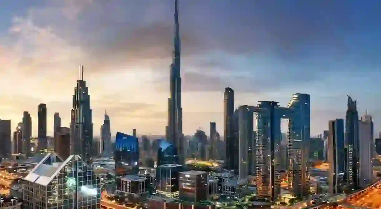 Dubai skyline at sunset with Burj Khalifa