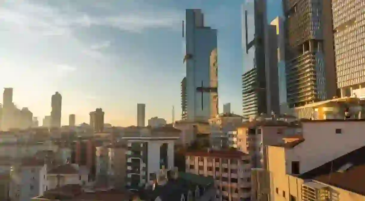 Istanbul, Turkey, Sisli, Cityscape with Big Towers and Apartments in Sunset 2019