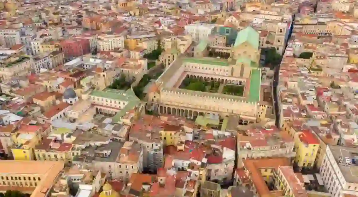 Aerial view of the Basilica of Santa Chiara, a religious complex in Naples, Italy.