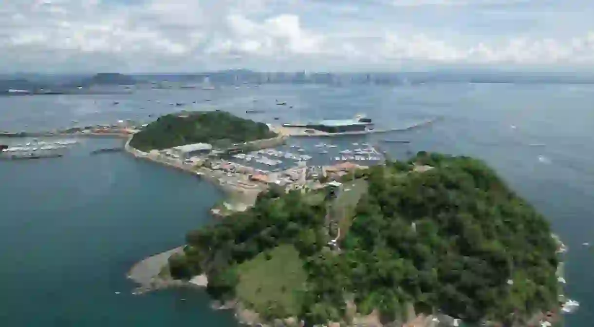 Aerial views from over the Amador Causeway outside of Panama City, Panama