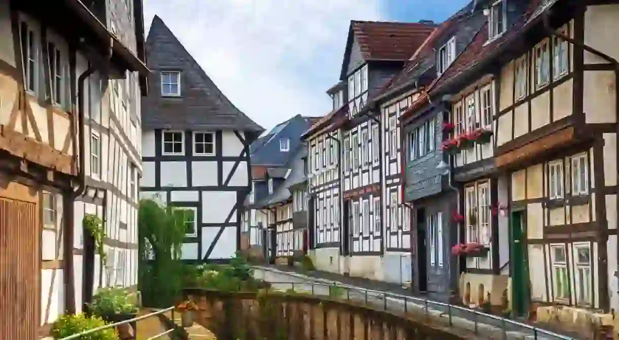 An idyllic landscape with the old street on a canal in Goslar, Germany