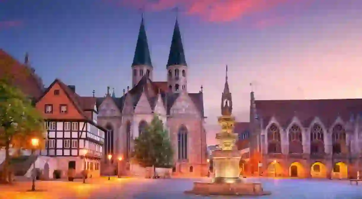 Brunswick, Germany. Cityscape image of historical downtown of Brunswick, Germany with St. Martini Church and Old Town Hall at summer sunset.