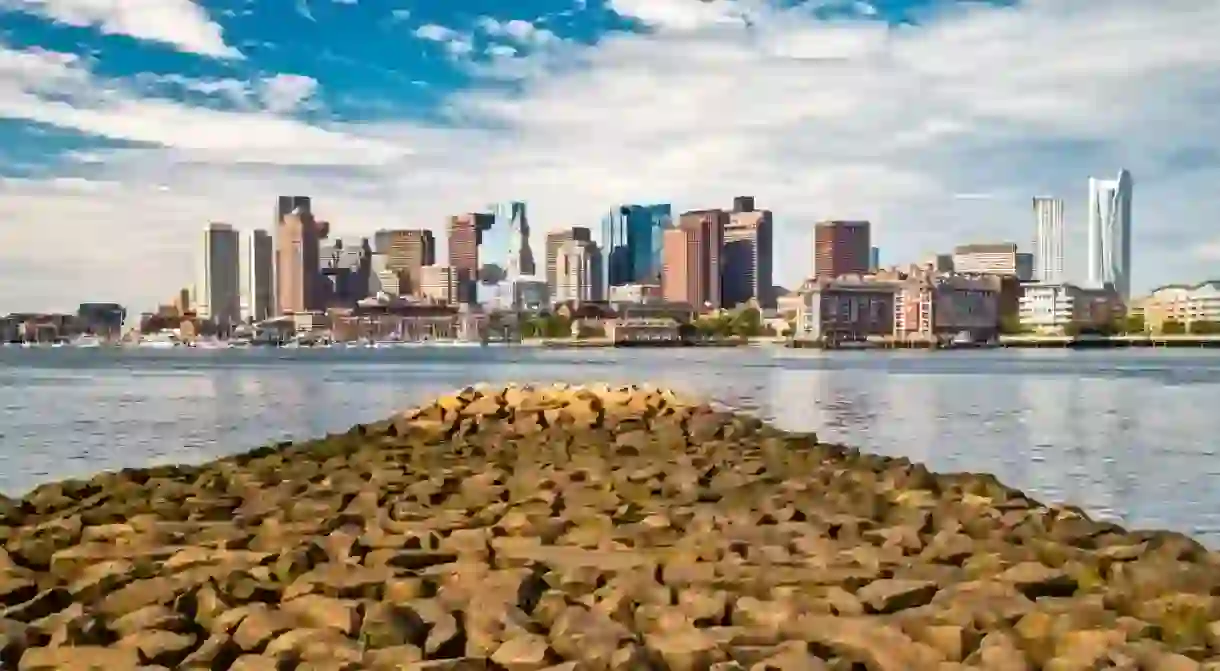 Bostons North End skyline with rock pier in front