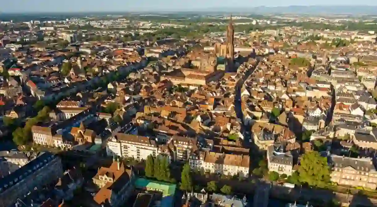 Strasbourg, France. Strasbourg Cathedral. Panorama of the city center on a summer morning.