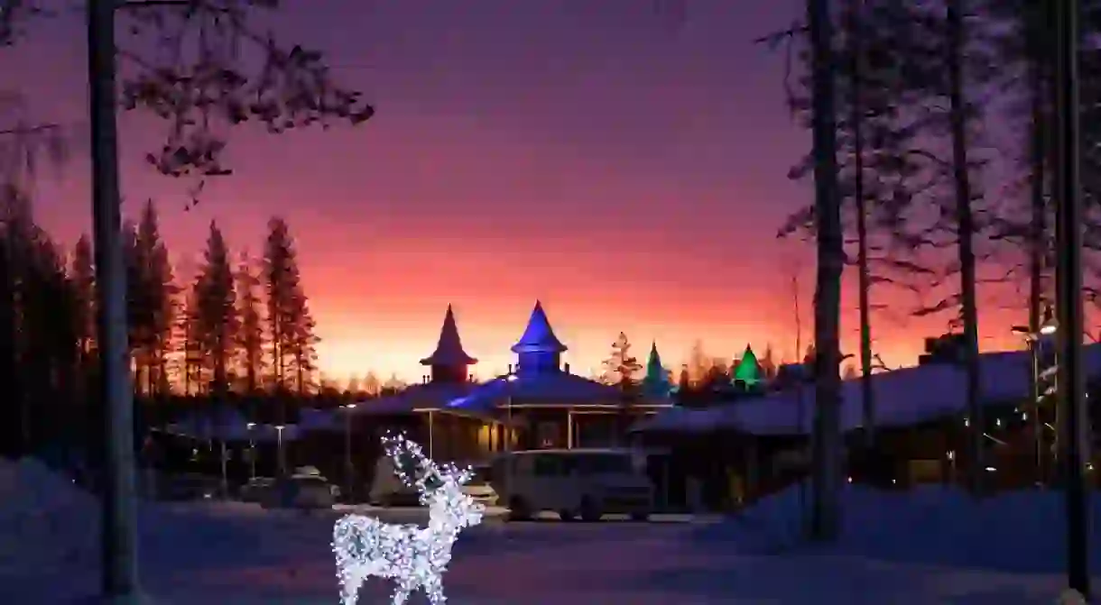 Incredible sunrise at the Santa Claus Village in Rovaniemi, Finland.