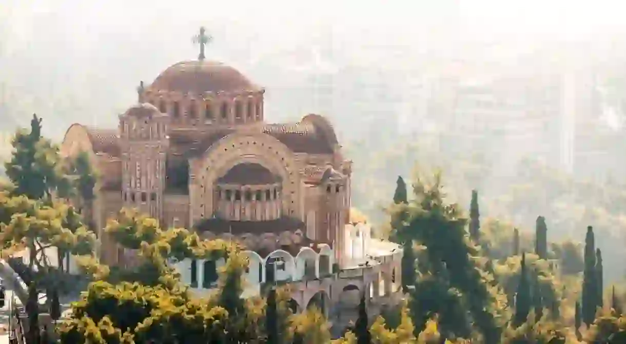 View of Greek Church of Saint Pavlos flying in the morning haze. Thessaloniki religious and travel attractions