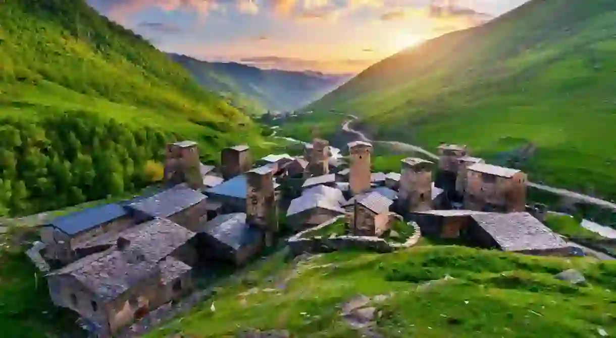 Ushguli village at sunset in Svaneti, Georgia.