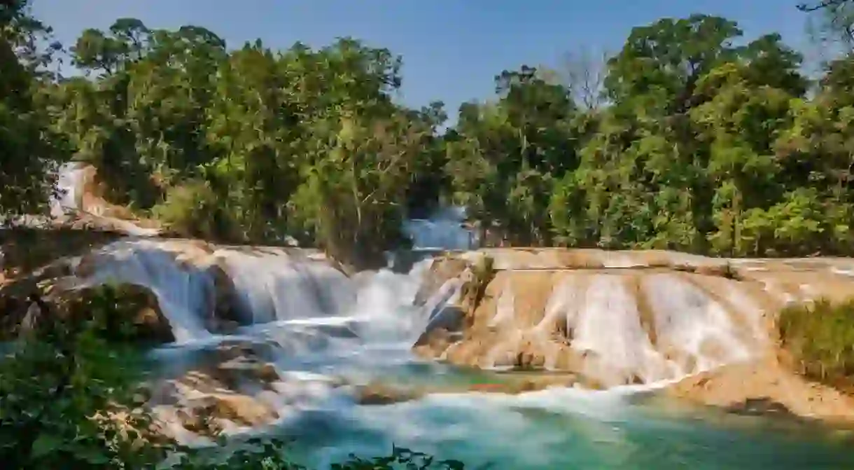The Cascadas de Agua Azul (Spanish for Blue Water waterfall) are a series of waterfalls found on the Xanil River in the southern Mexican state of Chiapas