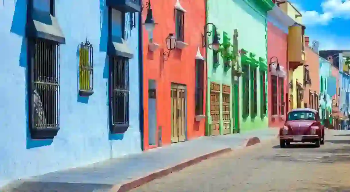 Scenic colorful colonial architecture of Cuernavaca streets in historic center in Mexico Morelos.