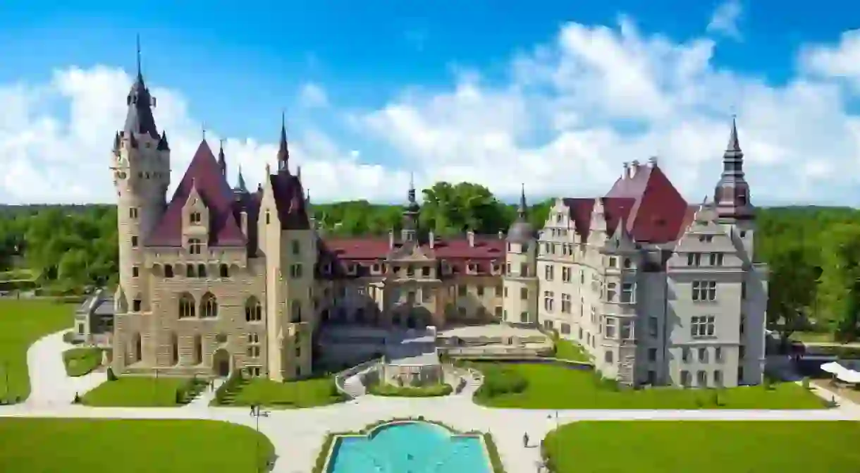 Beautiful view of Moszna castle. The Moszna Castle is a historic palace located in a small village in Moszna is one of the best known monuments in Upper Silesia, Poland