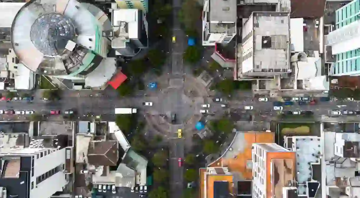 Quito, Ecuador: Aerial top down view of the La Mariscal business and downtown district in Quito.