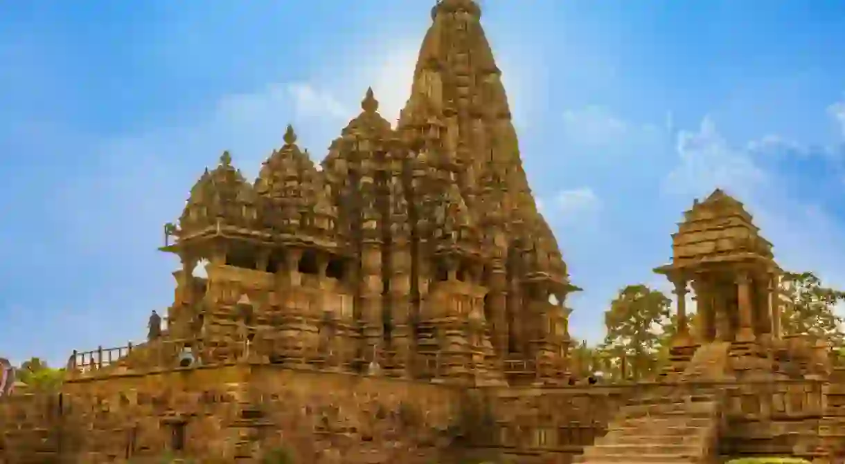 India. Madhya Pradesh state. The Khajuraho Group of Monuments are a group of Hindu and Jain temples.