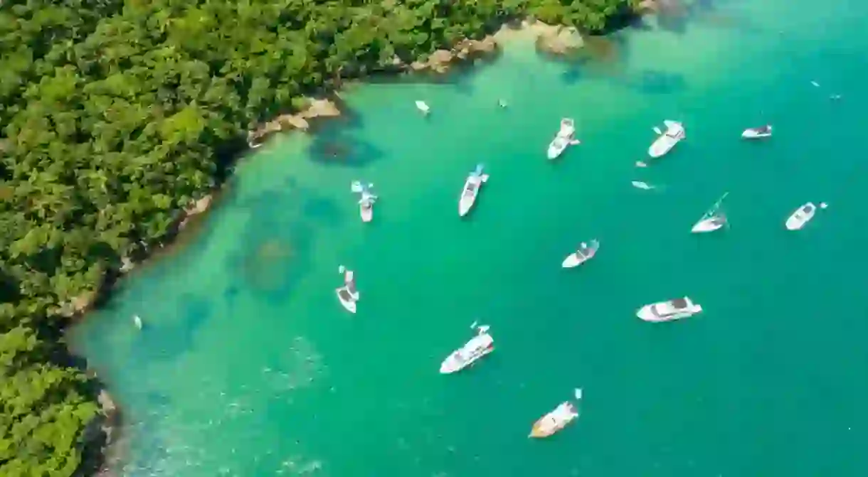 Bombinhas Beach in Santa Catarina. Aerial view taken with a drone. Brazil.